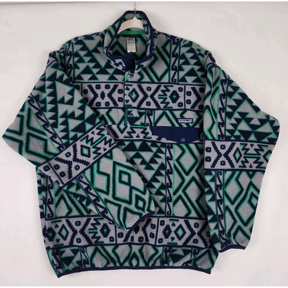 Patagonia Synchilla Fleece Pullover Mens M Gray/Blue/Green Snap Closure Pocket